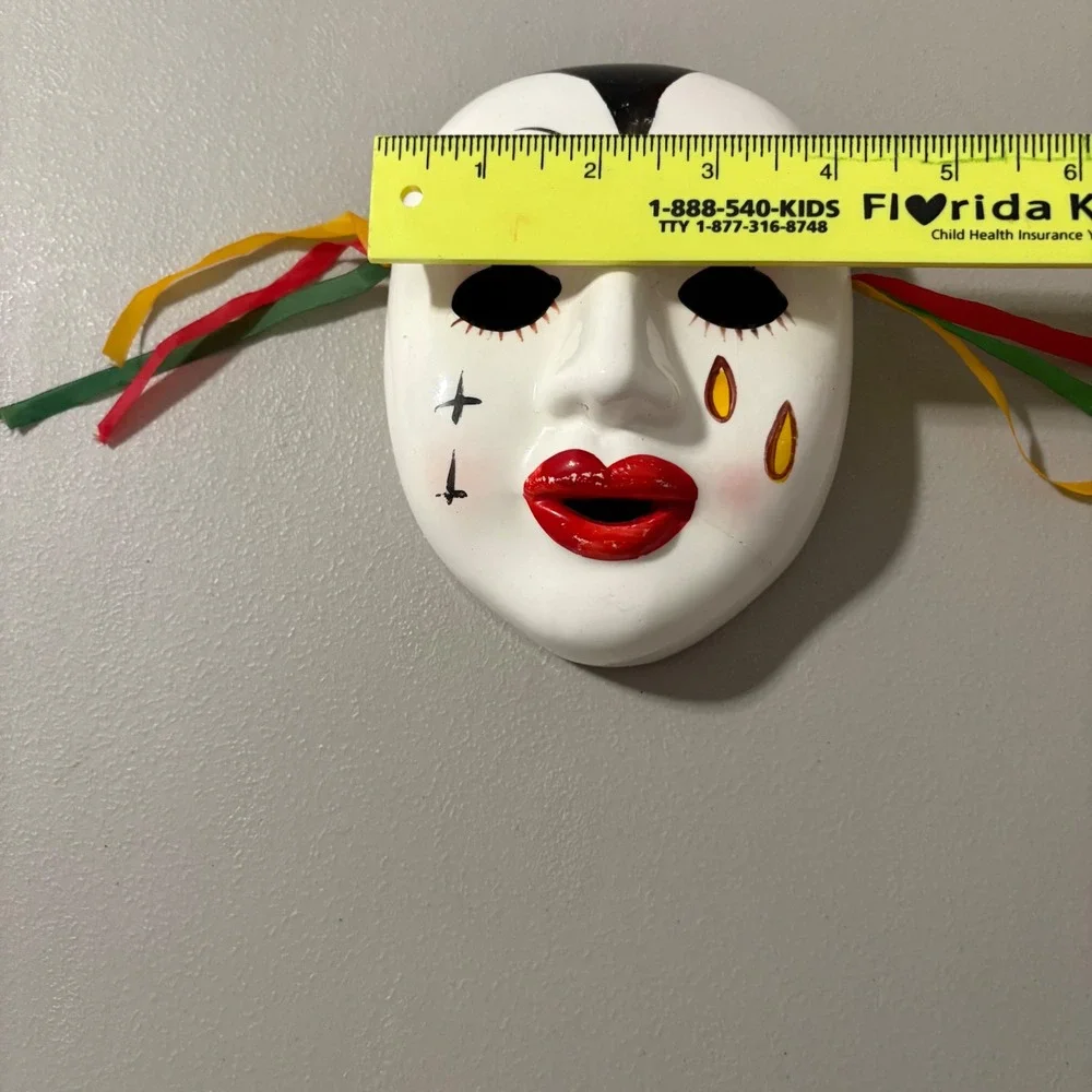 Hand Painted Ceramic‎ Clown Mask Decorative Wall Hanging Red Lips Tears Ribbons